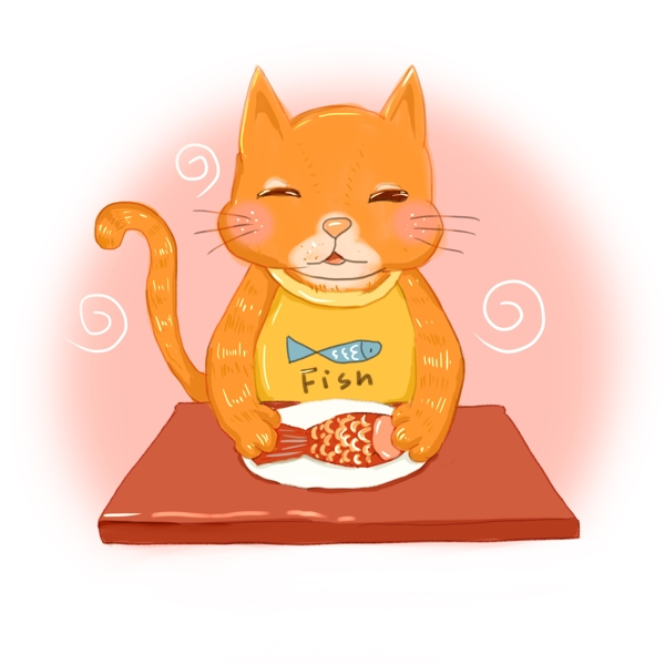 卡通可爱胖橘猫吃鱼拟人手绘可商用