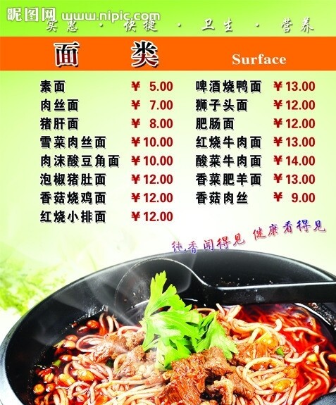 面價格表圖片