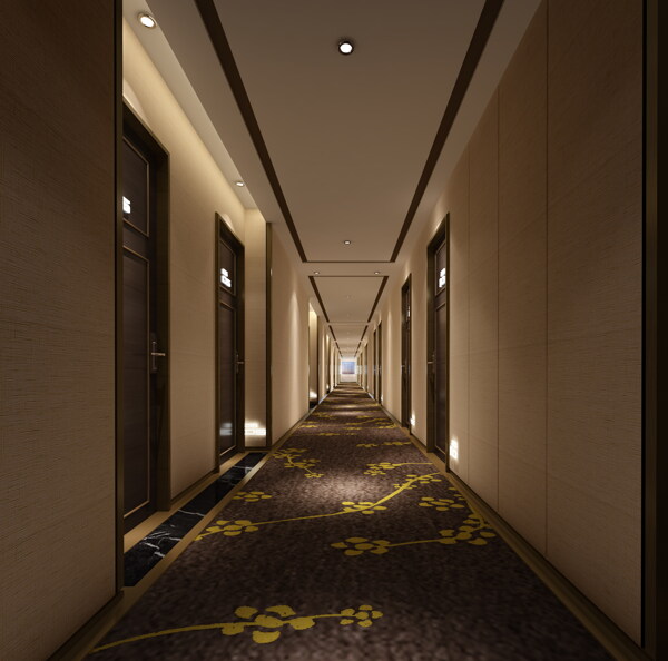 现代时尚酒店走廊黄色花纹地毯工装装修图