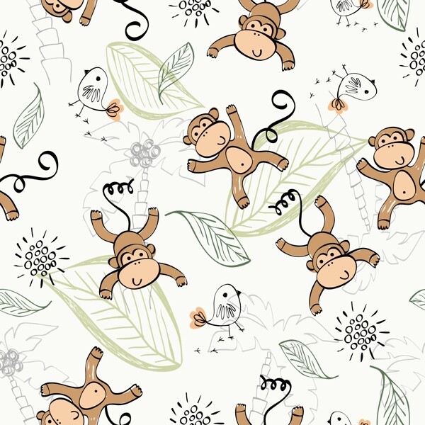 卡通猴子植物四方连续底纹
