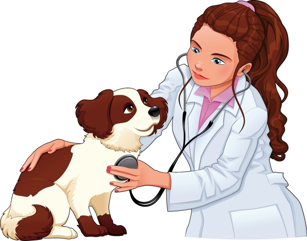 卡通女兽医和宠物狗