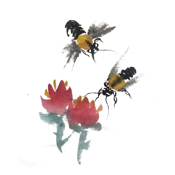 水墨风蜜蜂采蜜手绘插画