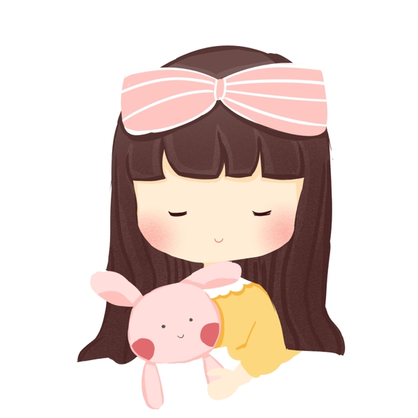 粉色小清晰拿着兔子玩偶的女孩