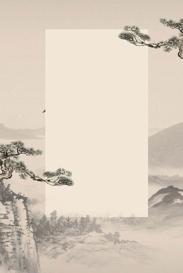 中国风大气山水松树边框背景