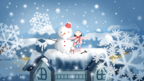 冬季雪景唯美清新女孩雪人屋顶雪花飞舞插画