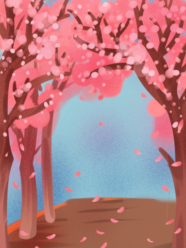 手绘粉色樱花树林风景插画背景