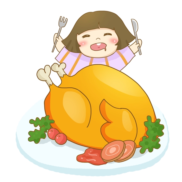 感恩节吃火鸡的女孩免抠PNG素材