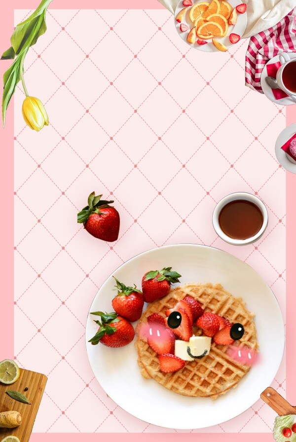 创意美食草莓华夫饼贴秋膘粉色广告背景