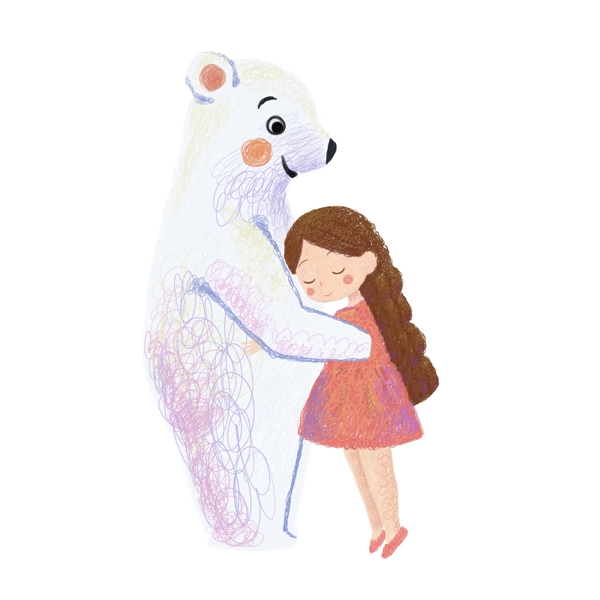 温暖治愈系女孩拥抱白熊线圈插画元素