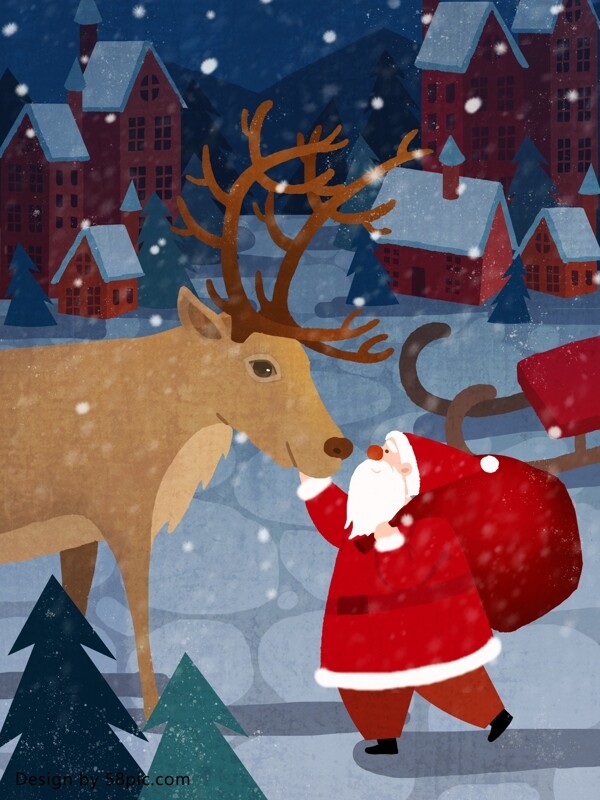 麋鹿和圣诞老人出发送礼物啦原创手绘插画