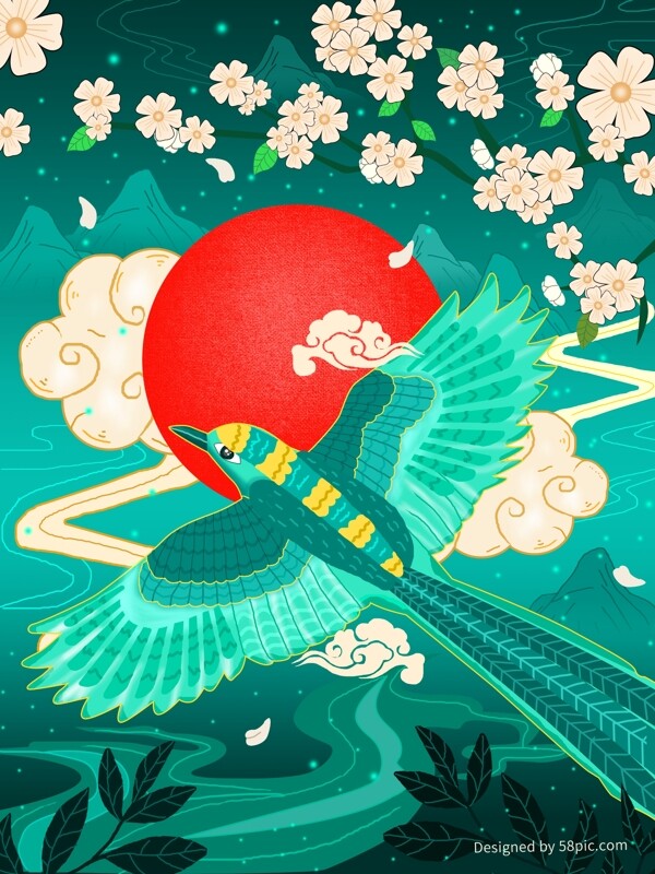 原創(chuàng)國潮飛鳥與云彩國風插畫