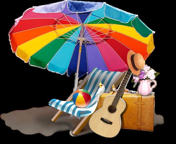 太阳伞下的躺椅吉他png元素素材