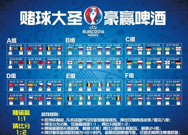 2016法国欧洲杯小组对战表