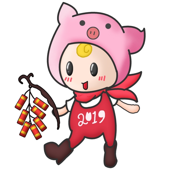 2019生肖猪猪年卡通可爱放鞭炮