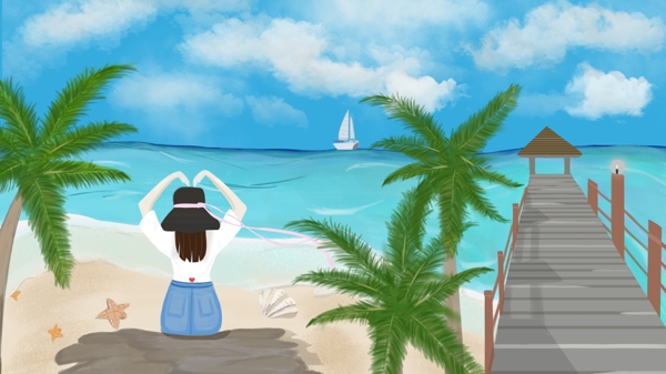 旅游蓝色海边旅行度假放松细腻原创插画手绘