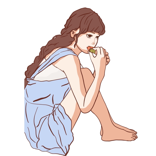 文艺女孩吃西瓜插画