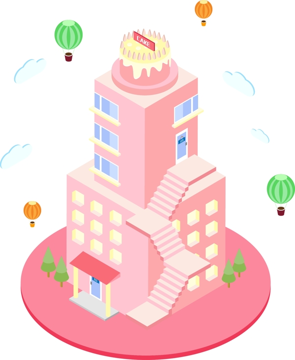 2.5D甜美粉色蛋糕房建筑可商用元素