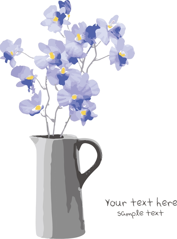 紫色蝴蝶兰装饰画绘画水彩矢量花瓶插花花卉