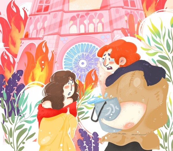 火中的巴黎圣母院与悲伤的卡西莫多手绘插画