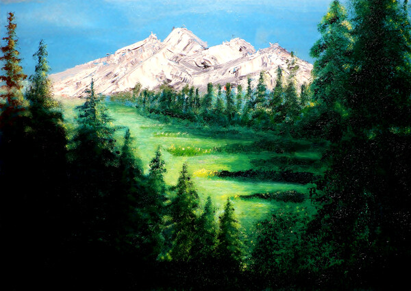 山峰树木油画图片