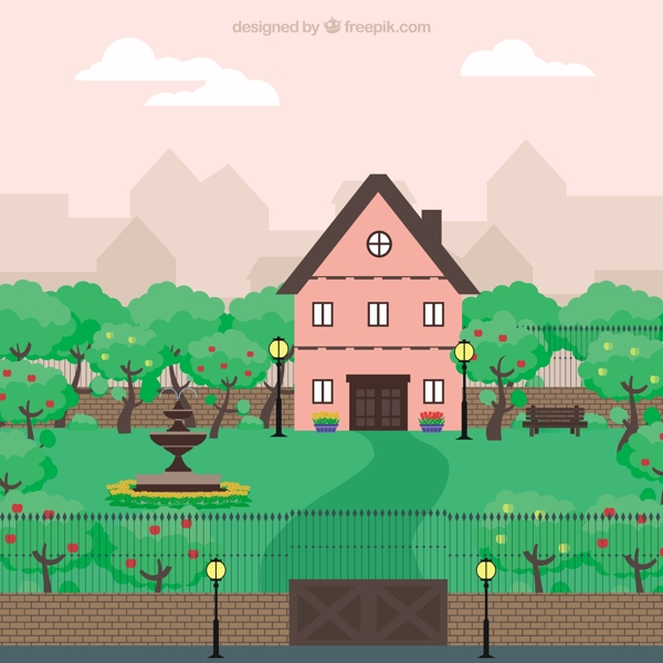 可爱的粉红色的房子在一个大花园
