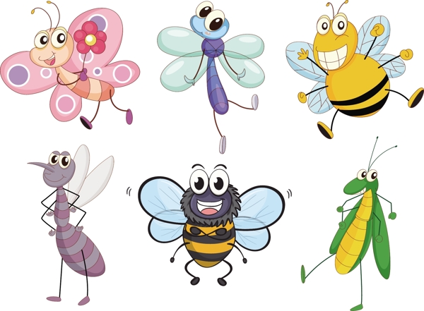 可爱蜜蜂蚊子蚂蚱等昆虫矢量素材