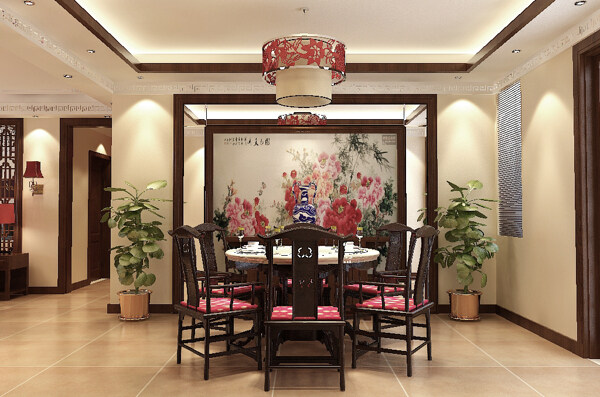 现代中式风格餐厅效果图圆桌圆灯