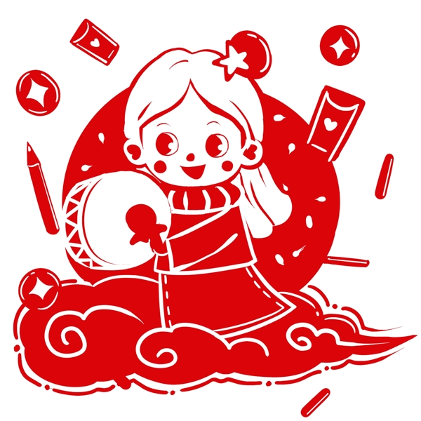 剪紙新年手繪卡通人物PNG素材