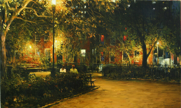 公園夜景油畫(huà)寫(xiě)生圖片