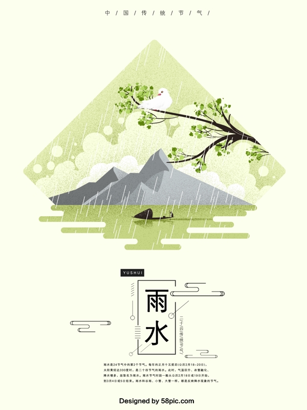 二十四節(jié)氣綠色簡約雨水景色原創(chuàng)手繪海報