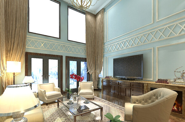 欧式别墅共享空间效果图蓝色温馨大窗帘