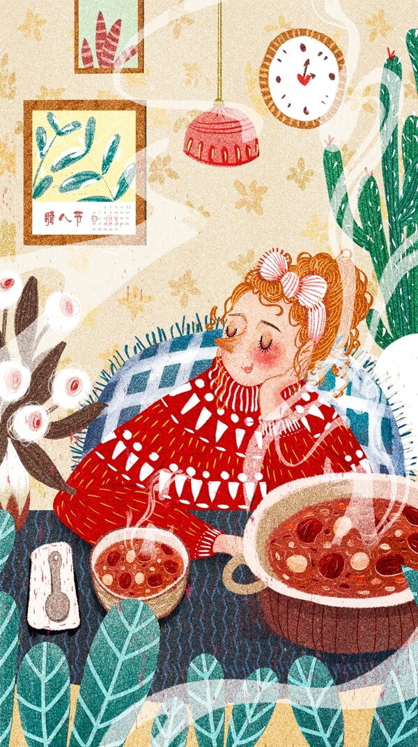 臘八節(jié)少女桌前吃臘八粥肌理插畫