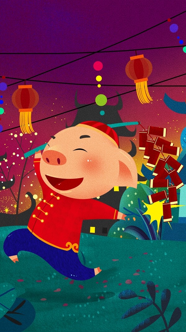 猪年快乐放鞭炮的小猪矢量插画