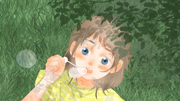 夏天躺在草地上吹泡泡的小女孩插图壁纸