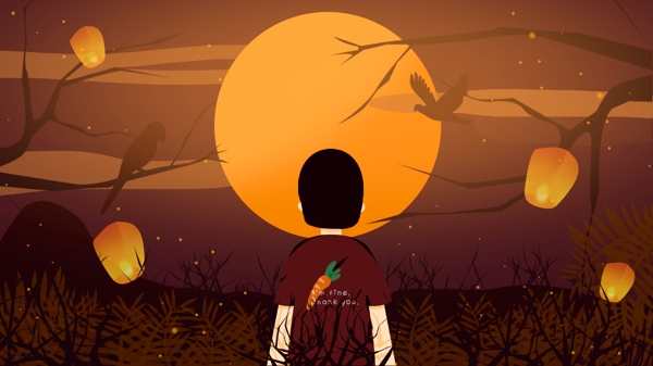 中元節(jié)夜晚放燈祈愿插畫