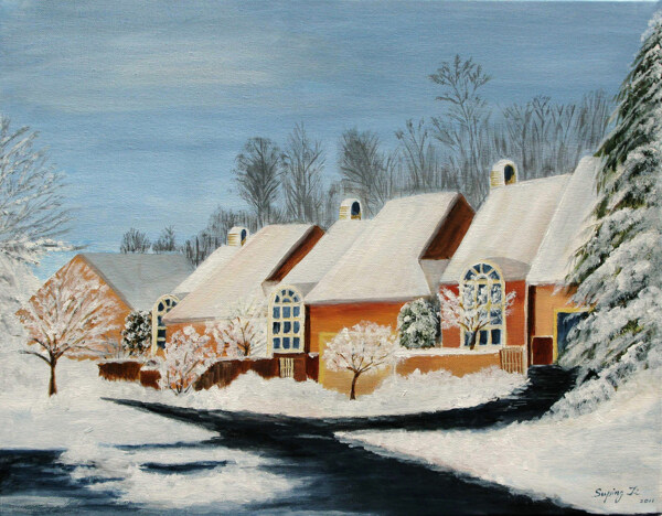 积雪覆盖的房屋油画图片