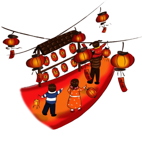 新年猜灯谜逛灯会场景手绘插画卡通元素