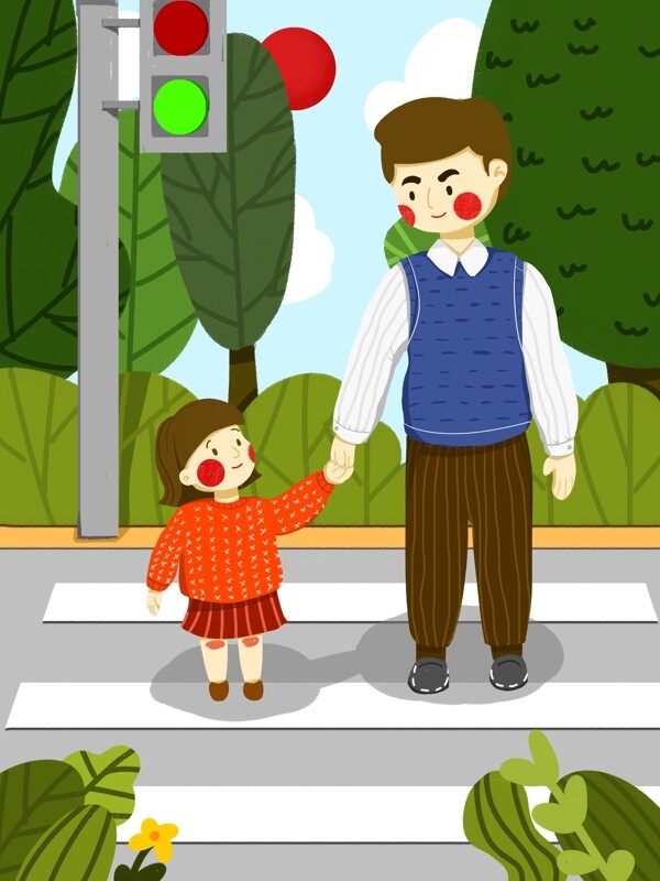 关爱未成年人爸爸牵着女儿过马路对视插画