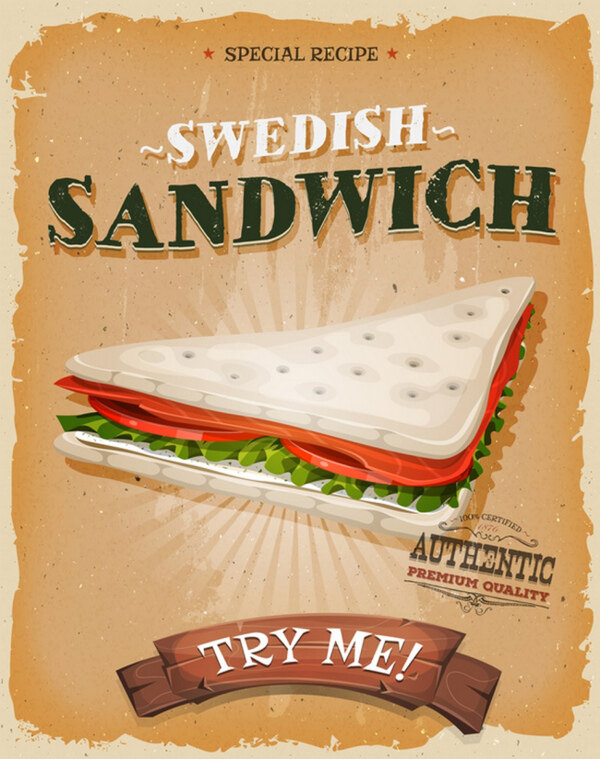 海报和传单的复古矢量瑞典三明治
