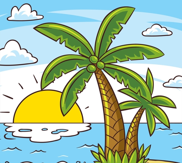 彩绘椰子树大海风景矢量素材
