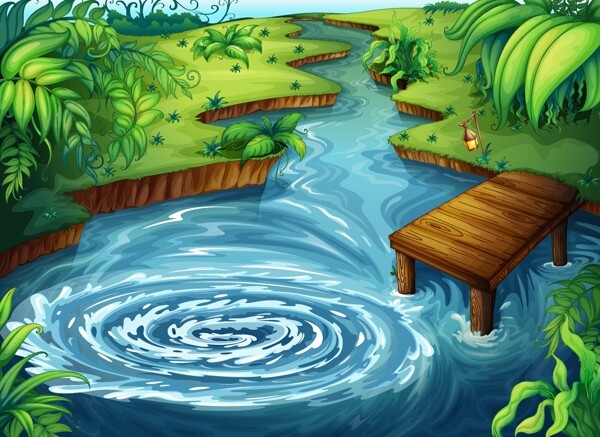卡通池塘木桥风景图片