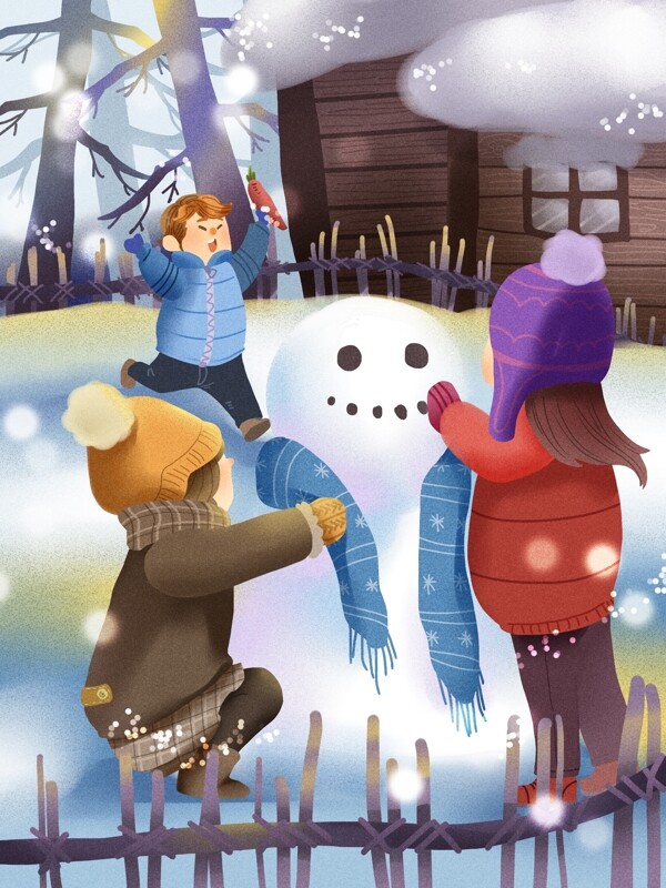 堆雪人之男孩女孩一起堆雪人拿胡萝卜当鼻子