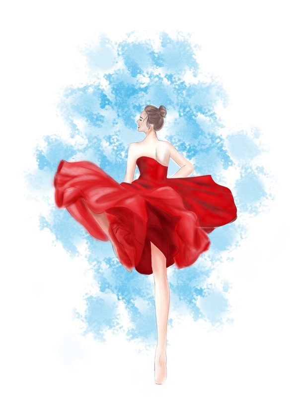 原创手绘起风飞舞的红裙芭蕾孩