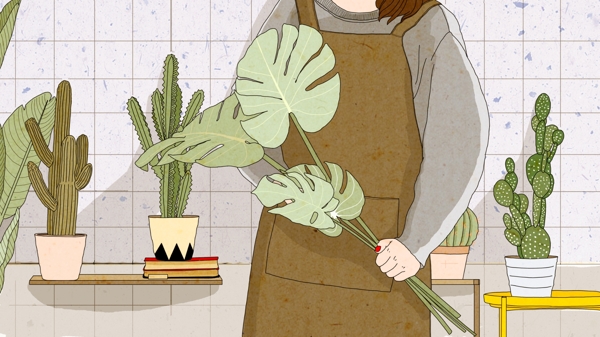 原創(chuàng)森系花店女孩仙人掌植物清新插畫