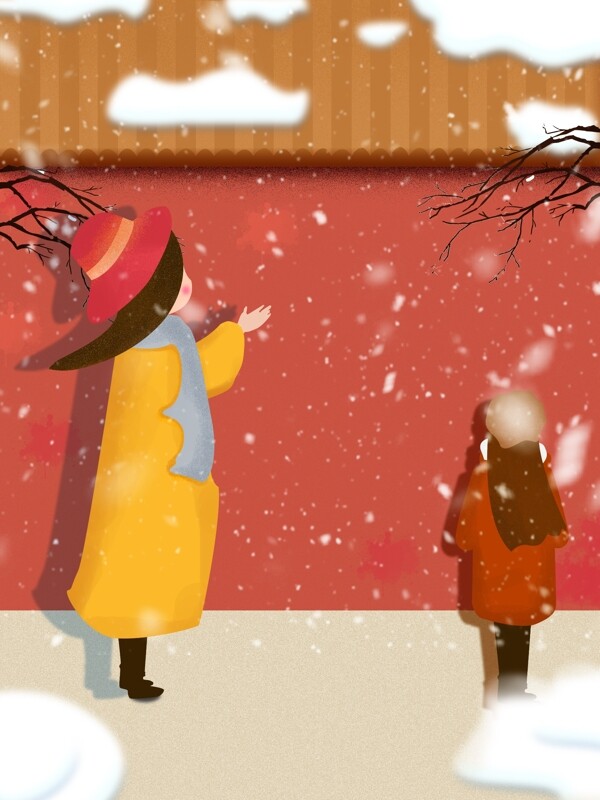 卡通站在雪中的女孩大寒节气背景素材