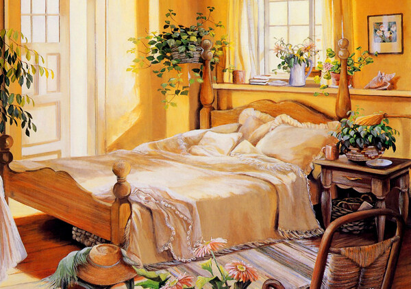 油画温馨的睡房
