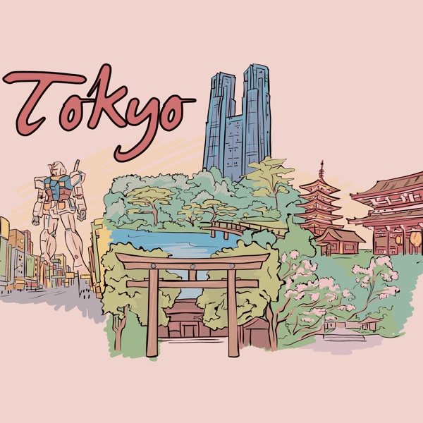 印花矢量圖T恤圖案圖文結(jié)合建筑植物免費(fèi)素材