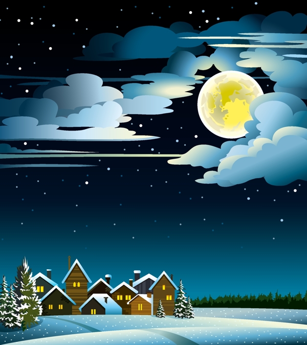 迷人的冬天的夜晚景观设计矢量图02