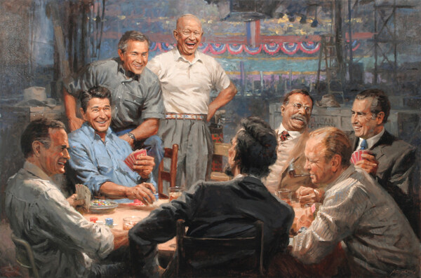 打扑克牌的一群西方男人油画图片