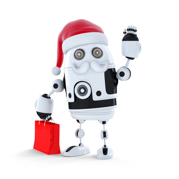 圣誕帽一個(gè)購(gòu)物袋的Android機(jī)器人